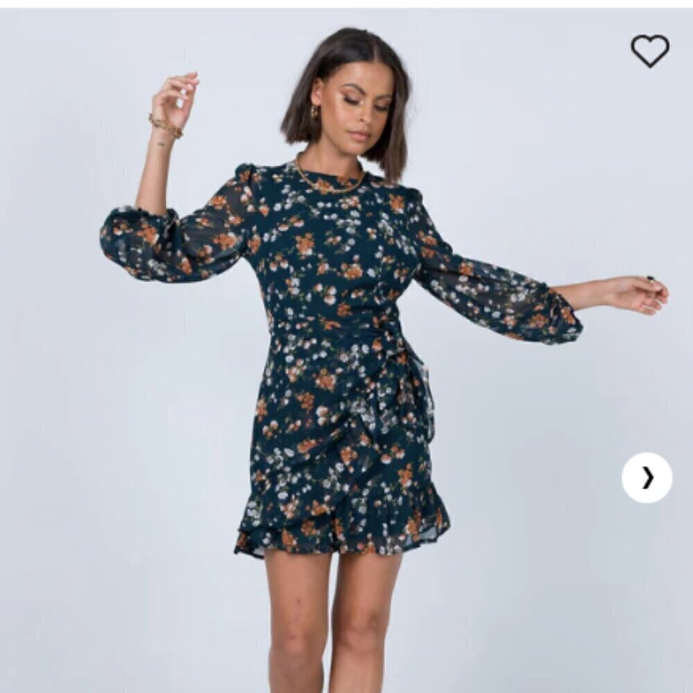 Princess Polly Meral Floral Wrap Chiffon Mini Dress Teal Fall Ruffle 2